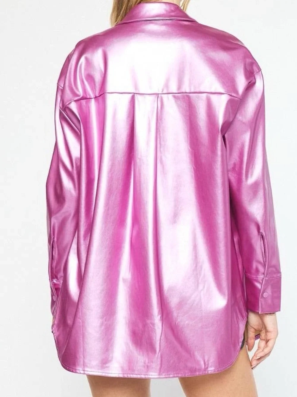 🟠NWT ENTRO Metallic Snap Button Down Shacket in Pink - Picture 5 of 12